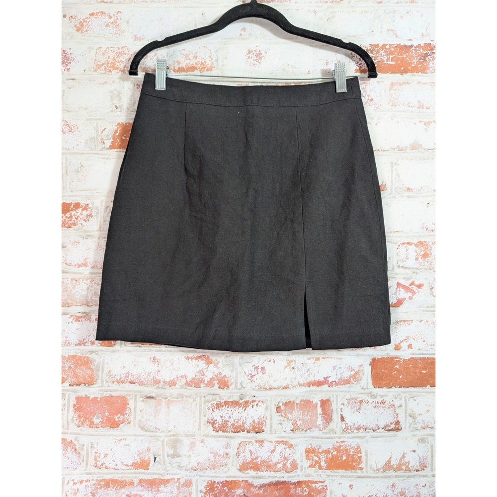 Entro Mini Skirt Women Medium Black 100% Linen A-Line Front Slit S15766